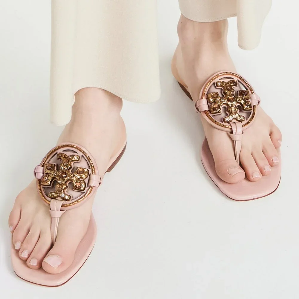 Tory Burch Miller Jeweled Leather Thong Sandals Meadowsweet Peachy Pink